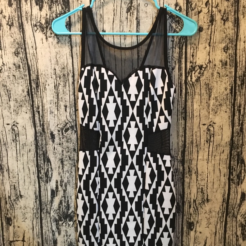 Black and White Geometric Dress with Mesh cut out